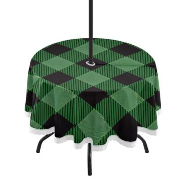 Imagem de Qilmy Toalha de mesa verde quadriculada redonda impermeável de 152 cm com orifício para guarda-chuva e zíper – uso externo / interno resistente para pátio, churrascos, piqueniques, festas (serve para
