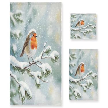 Imagem de Qilmy Conjunto de toalhas com padrão de pássaro de inverno de 3 peças, conjunto de toalhas decorativas de banheiro macio absorvente com toalha de banho, toalha de mão e toalha de banho