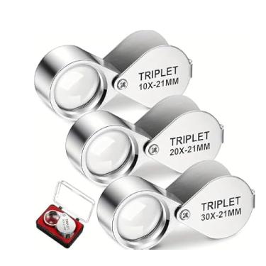 Imagem de Pacote com 3 lupas para joalheiros, lupa dobrável para joias, moedas, selos, relógios - ampliação de 10X, 20X, 30X