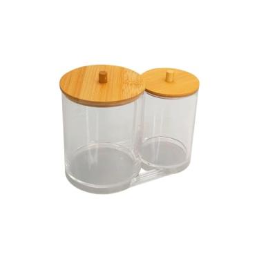Imagem de Organizador Duplo para Algodão e Cotonetes com Tampas de Bambu, ABS, 14cm x 11.5cm e 10.5cm x 10.4cm, 215g