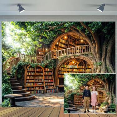 Imagem de Fundo de biblioteca de fadas de 3,5 x 2,3 m encantado, floresta, árvore, casa, estante de livros de leitura de livros, tema de leitura de festa, aniversário, decoração de casamento, faixa de parede