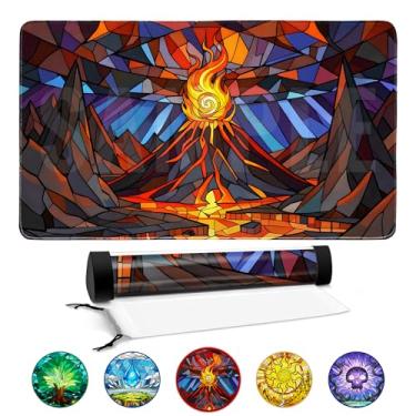Imagem de FROGIGO Mountain Stained Glass Playmat for MTG – 24"x14" Lava Volcano Game Mat with Prismatic Playmat Tube, Non-Slip Rubber Base, Fantasy Fire Art for Magic The Gathering