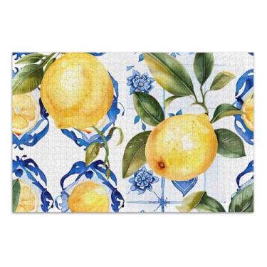 Imagem de Quebra-cabeças para adultos 1000 peças de arte animal floral azul limão fresco divertido quebra-cabeça rígido elefante branco presentes engraçados, 75 x 40 cm