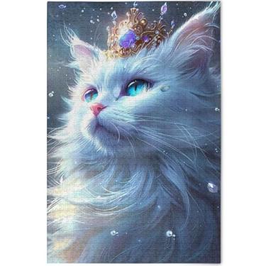 Imagem de Quebra-cabeça personalizado princesa gato branco coroa adulto 500 peças cenário animal arte decoração legal exclusivo amantes elefantes brancos presentes, 52 cm x 37,8 cm