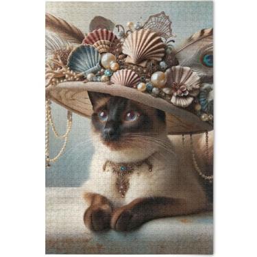 Imagem de Quebra-cabeça com estampa engraçada de gato siamês fofo 500 peças para adultos elefantes brancos presentes quebra-cabeça personalizado legal Prime cenário arte animal, 52 cm x 37,8 cm
