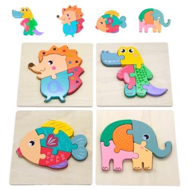Imagem de Conjunto 4 Quebra-Cabeça 3D em Madeira para Bebês 1+ – Encaixe de Formas e Cores – Estimula Coordenação Motora, Lógica, Brinquedo Educativo, Criatividade e Aprendizado Infantil (Animais 2)