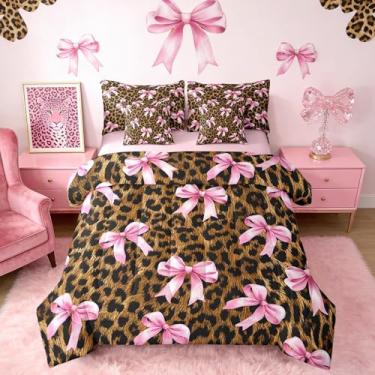 Imagem de Castle Fairy Conjunto de edredom com estampa de leopardo e laço, princesa rosa, tamanho king, 7 peças, para crianças, adolescentes, conjunto de cama com edredom, lençol e fronhas, fronhas