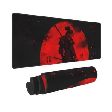 Imagem de Samurai japonês legal anime flor vermelha e preta mouse pad GG tapete estendido, base de borracha antiderrapante, borda costurada para jogos PC desktop grande mousepad 80 x 29 centímetros