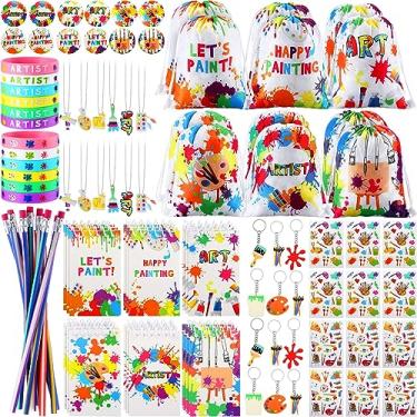 Imagem de Jenaai Conjunto de 102 peças de materiais de lembrancinha de festa, inclui 12 mochilas com cordão, 12 pulseiras de silicone, 12 emblemas, 12 chaveiros, 18 blocos de notas em espiral, 12 lápis