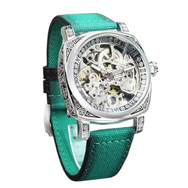 Imagem de FORSINING Relógios masculinos, relógio mecânico retrô quadrado esculpido, esqueleto automático, pulseira de couro vintage, Verde