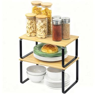 Imagem de JMLHMXC Rack de armazenamento de armário, prateleira de bancada de cozinha de 2 peças, rack de armazenamento de cozinha, suporte de especiarias, empilhável, expansível - pernas pretas