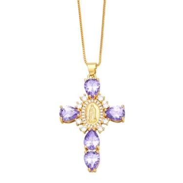Imagem de Colar de cruz de zircão com pingente de oração de luxo estilo europeu retrô crucifixo de cristal crucifixo (roxo)