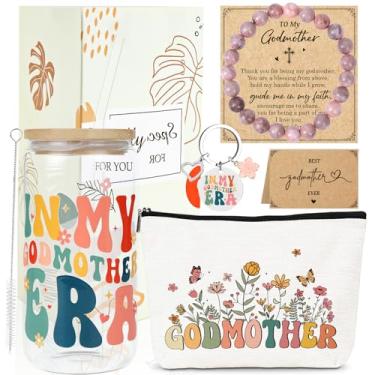 Imagem de Shejdgart Presente de pedido de madrinha para mulheres - Presentes de madrinha do afilhado, copo de vidro de 473 ml, bolsa de maquiagem, chaveiros, pulseira, cartão, presente, presente de Natal, dia