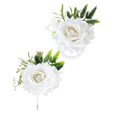 Imagem de eZAKKA Conjunto de corpete de rosa branca e flor na lapela, pulseira de corpete para decoração de formatura e flor na lapela para homens, acessórios de flores de casamento, decoração de terno de festa