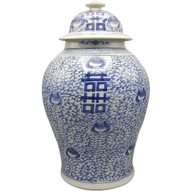 Imagem de Vasos de porcelana azul e branco de 48 cm que jarra de templo azul e branco jarra de porcelana jarra dupla felicidade gdezhen China, vaso de flores de cerâmica de pele oriental