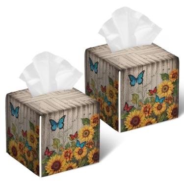 Imagem de Pacote com 2 caixas de lenços de girassóis borboleta quadrada de madeira PU suporte organizador de papel facial à prova d'água para banheiro, cozinha, casa, escritório, carro