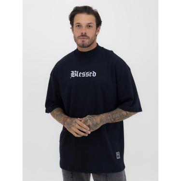 Imagem de Camiseta Oversized Gola Alta Estampa Abençoado Streetwear Algodão Premium Preto-Masculino