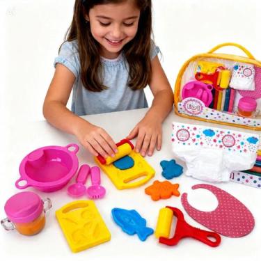 Imagem de Kit Papinha rosa 11 Acessórios Boneca Criança Massinha Modelar Molde S