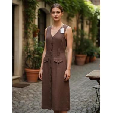 Imagem de Vestido Feminino Midi Botões Linho FIA MODAS, Chocolate, GG VESTE 46