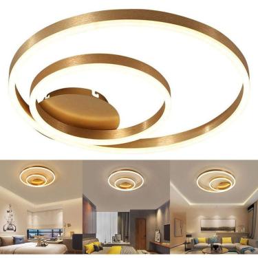 Imagem de Paflon Orbita Lustre Subrepor Dourado Luxo 50Cm Moderno Led 2 Aneis Decoraçao Sala De Estar Quarto Loja Casa Recepçao 2 Em 1