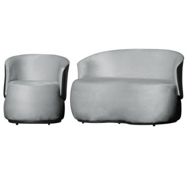 Imagem de Kit 1 Poltrona e 1 Namoradeira Orgânica Beatriz Veludo Composê Corino Preto - Estopar