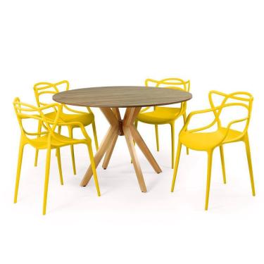 Imagem de Conjunto Mesa de Jantar Redonda Marci Natural 120cm com 4 Cadeiras Allegra - Amarelo