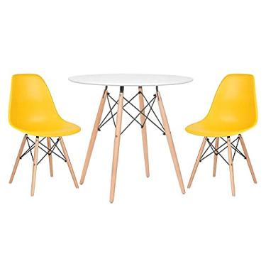 Imagem de Loft7, Kit - Mesa redonda Eames 80 cm branco + 2 cadeiras Eiffel Dsw Amarelo