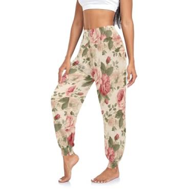 Imagem de CHIFIGNO Calça de ioga feminina Mardi Gras calça hippie folgada cintura alta harém calça de ioga, Rosas e folhas vintage em bege, P
