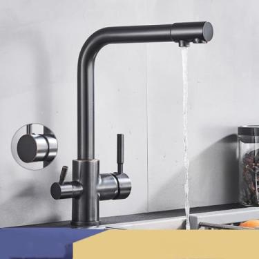 Imagem de Filtro torneira da cozinha cromo beber água pura torneira da cozinha deck montado alças duplas 3 maneiras misturador de água quente e fria, bronze preto, 1