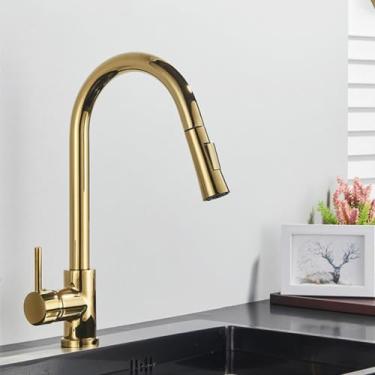 Imagem de Torneiras de cozinha de níquel dourado de aço inoxidável pull down stream deck mount torneiras de pia de água preta escovada, dourada, 1