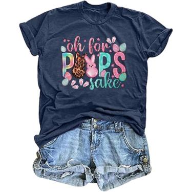 Imagem de Camiseta feminina Happy Easter com estampa de letras oh for Peeps Sake Camiseta de Páscoa com estampa de coelho fofo, Azul-escuro, P