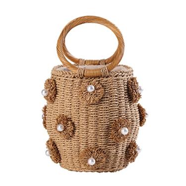 Imagem de JBRUN Sacola feminina com estampa de palha e flor de pérola, alça de rattan, bolsa balde de palha e bolsas de mão para mulheres, Marrom