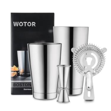 Imagem de WOTOR Conjunto de coqueteleira Boston de aço inoxidável, 510 g e 800 ml, coador, jigger de medição dupla, ferramentas profissionais de bar para bartender (prata)