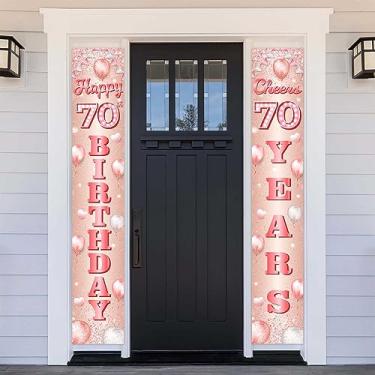 Imagem de Happy 70th Birthday Rose Gold Banner Backdrop Cheers to 70 Years Old Confetti Balloons Theme Decor for Women 70 Years Old Pink Birthday Party Decorações Bday Supplies Gift Background Favors Glitter