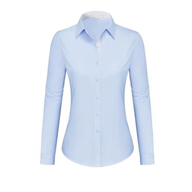 Imagem de siliteelon Camisas femininas com botões de algodão e manga comprida para mulheres, sem rugas, blusa de trabalho elástica, Azul, G