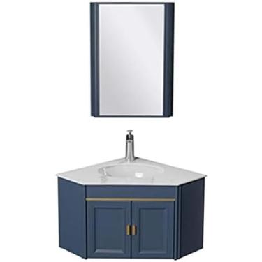 Imagem de Armário de espelho de banheiro triangular combinação de alumínio montado na parede bacia de cerâmica integrada conjunto de armários de pia de banheiro, tamanho de armário de banheiro: 60x45c