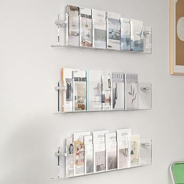 Imagem de Porta-brochuras de rack de revistas Suporte de folheto de acrílico Rack de montagem na parede, estante de 3 pacotes Prateleira de armazenamento de literatura, entrada de escritório Organizad
