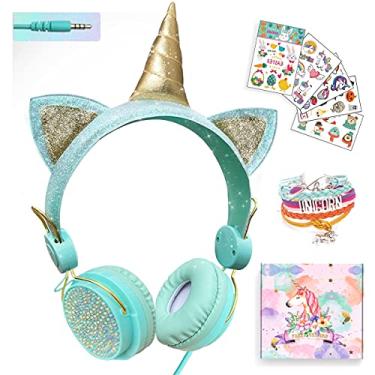 Imagem de Fones de ouvido com fio de unicórnio rosa para meninas, orelhas de gato fofas, fone de ouvido infantil para meninos, adolescentes, tablet, laptop, PC, fone de ouvido infantil com microfone, para presentes de aniversário escolar, Natal (verde unicórnio)