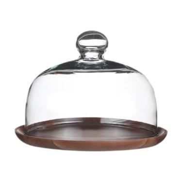 Imagem de IEUDNS Suporte de bolo de madeira com tampa de vidro Suporte de bolo Prato de sobremesa Bandeja de exibição de bolo para muffins de doces Festa festiva de, Tampa de 18cm