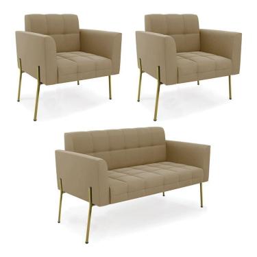 Imagem de Sofá Namoradeira E 2 Poltronas Pé De Ferro Dourado Elisa Suede D03 - D`rossi Cor Marrom Rato