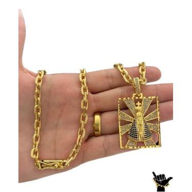 Imagem de Corrente Cadeado 6mm + Pingente Nossa Sra - Banhado a Ouro - ToJoia18k