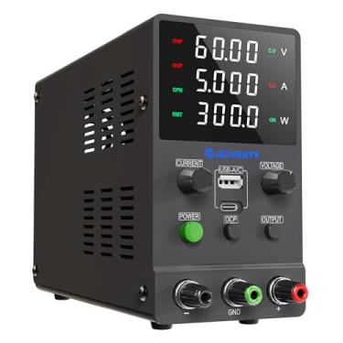 Imagem de Fonte de alimentação CC variável, fonte de alimentação de bancada regulada CC comutável ajustável de 60V,5A com carregamento USB e Tipo C, botão do codificador,chave de saída,tela de LED de 4 dígitos