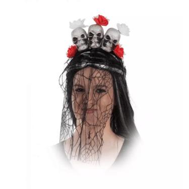 Imagem de Tiara de Halloween 3 Caveiras com Véu Preto Acessório Para Fantasia - 