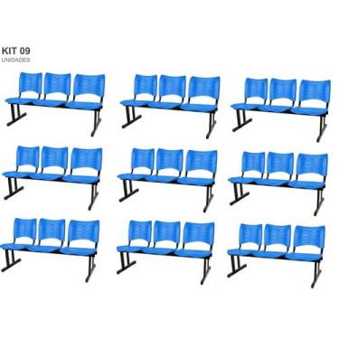 Imagem de Kit com 9 Cadeiras Longarina PLÁSTICA 03 Lugares Cor Azul Mastcmol