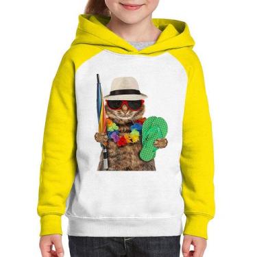 Imagem de Moletom Infantil Gato nas Férias - Foca na Moda, Branco, Amarelo, 4
