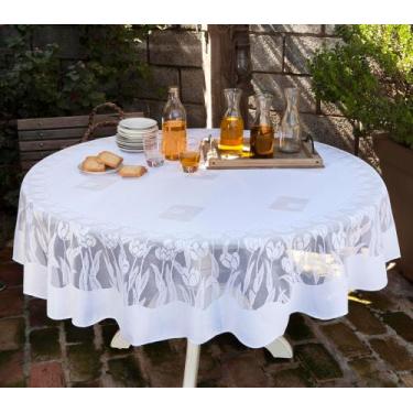 Imagem de Toalha de mesa redonda cor branca de renda tulipas 4l - BruceBaby Bord