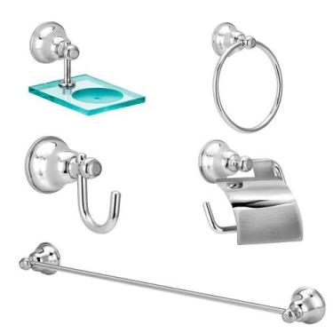 Imagem de Kit Acessórios De Banheiro 5 Peças Metal e Vidro Linha Premium - TFC