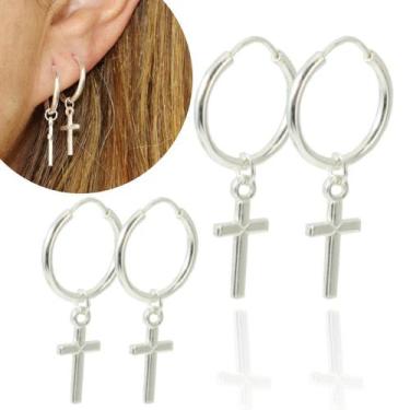 Imagem de 2 Par Brinco Masculino Feminino Argola Cruz Prata Legitima - Lojas La+
