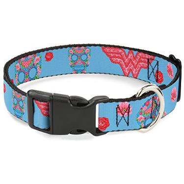 Imagem de Buckle-Down Coleira com clipe de plástico – Logotipo da Mulher Maravilha e azul floral caveira bebê/pastel – 1,27 cm de largura – Serve para pescoço de 20,32 a 30,48 cm – Médio
