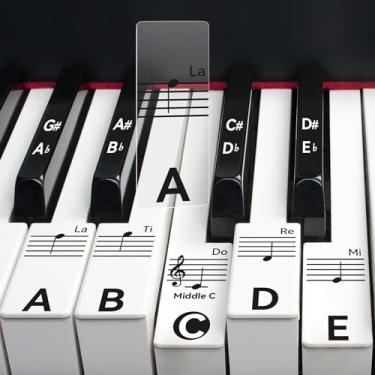 Imagem de runzoos 2 folhas adesivos de teclado de piano para teclas 88/76/61/54/49, adesivos de piano transparentes e removíveis para iniciantes e crianças, etiquetas de letras de teclado, guia de notas (preto)